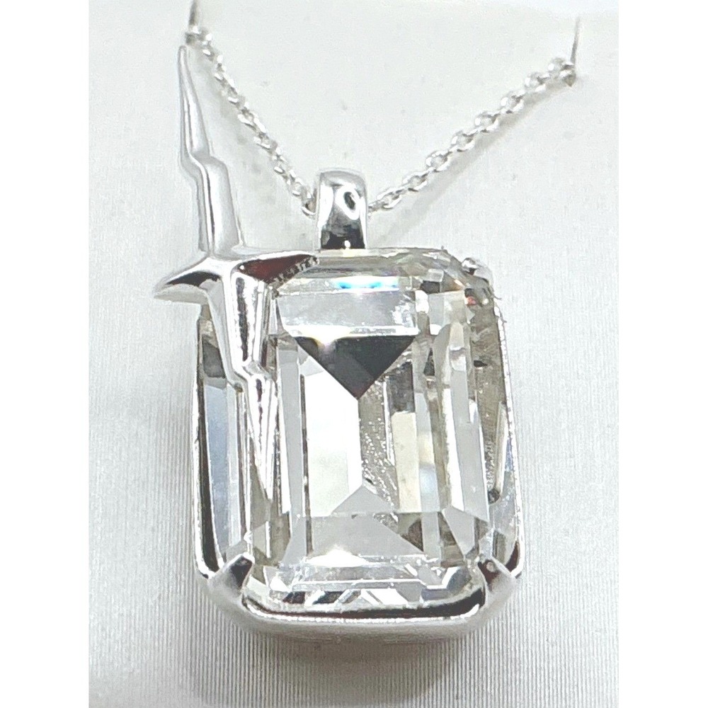 New Clear Emerald Cut‎ Glass Pendant Necklace Silver Tone Chain - see video